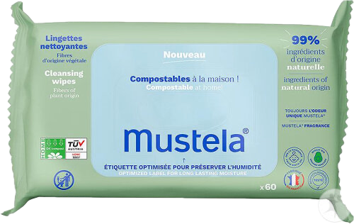 Mustela — Lingettes nettoyantes compostables, lot de 3 paquets de 60